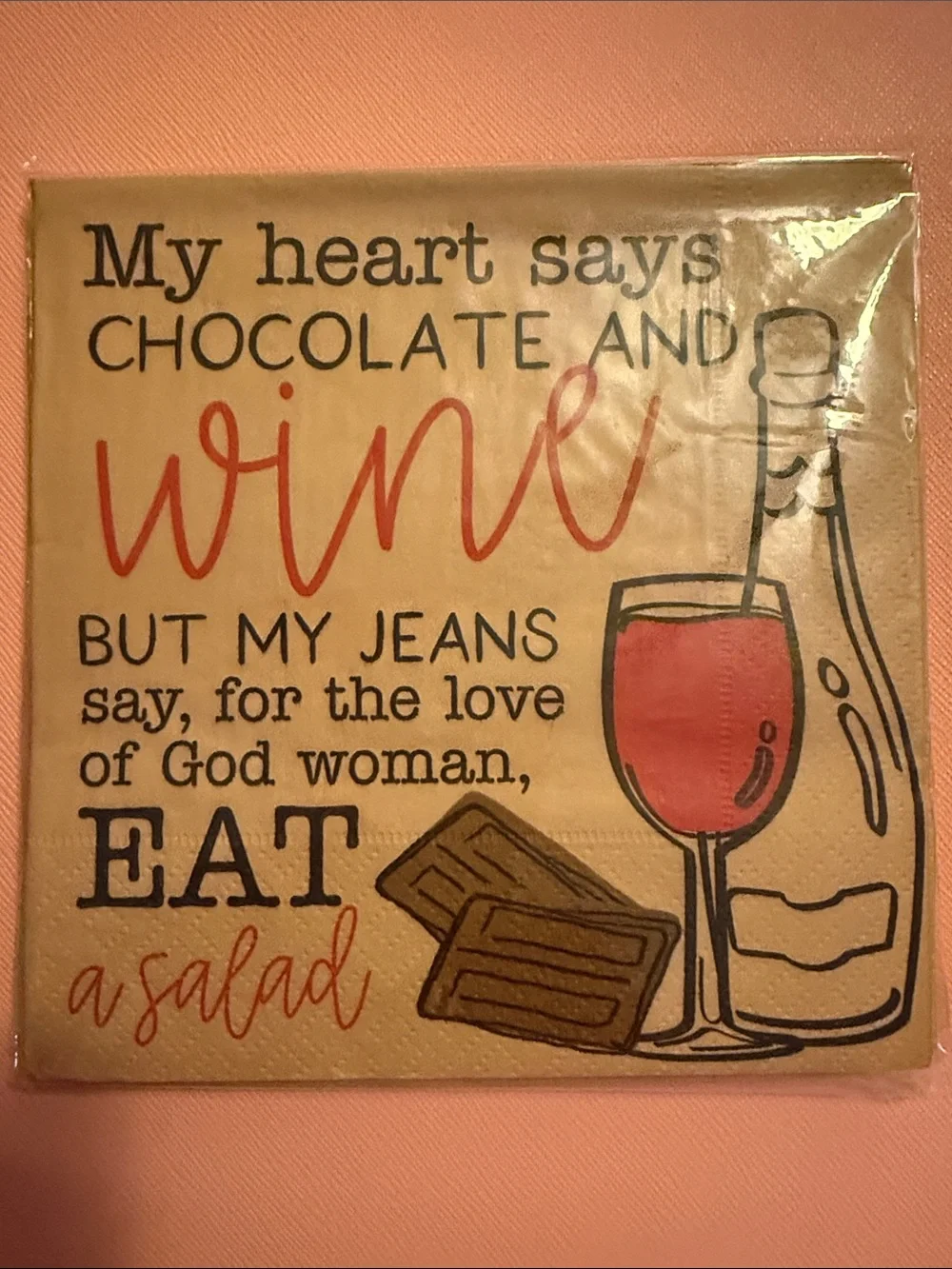 Cocktail napkins, Mud Pie brand, humorous wine  & chocolate design